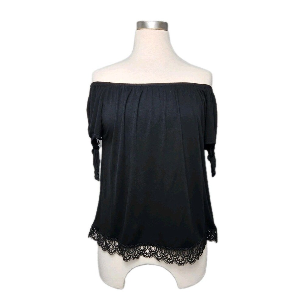 Ambiance Black Off the Shoulder Top Womens L Lace Peek Arm Short Sleeve Romantic